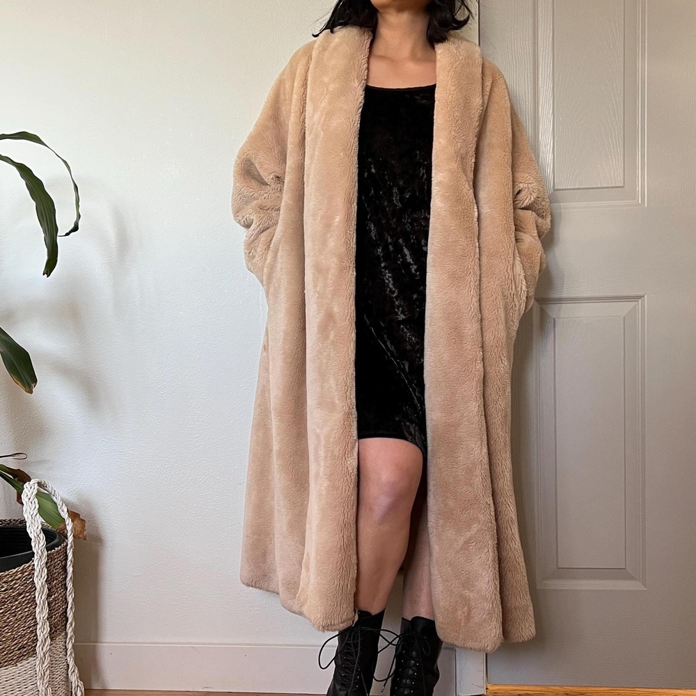 Vintage 50s Beige Faux Fur Swing Coat Old Hollywood Glam L XL - Picture 7 of 13